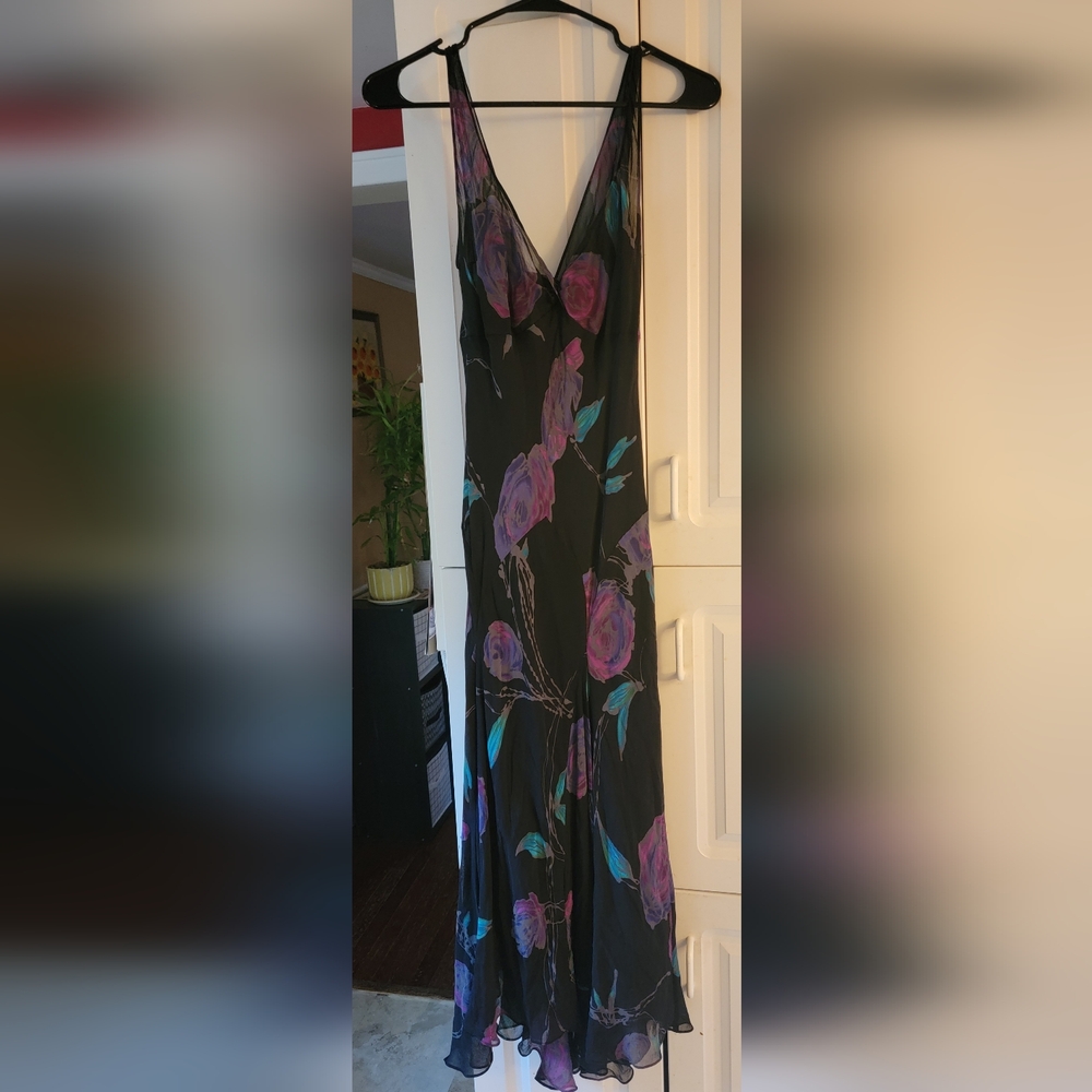Jones New York Black Dress SILK  with Purple and Blue Floral Design